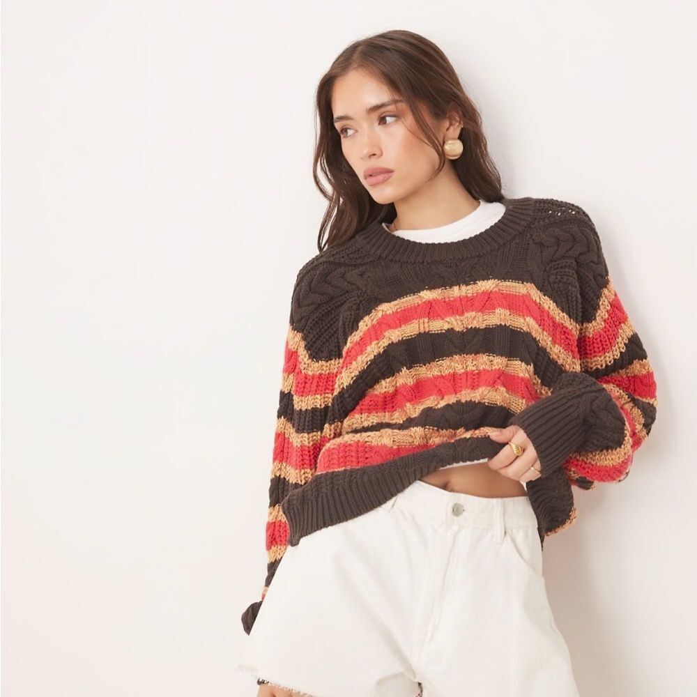 Free People Frankie Cable knit Striped Pullover in the Chocolate Combo